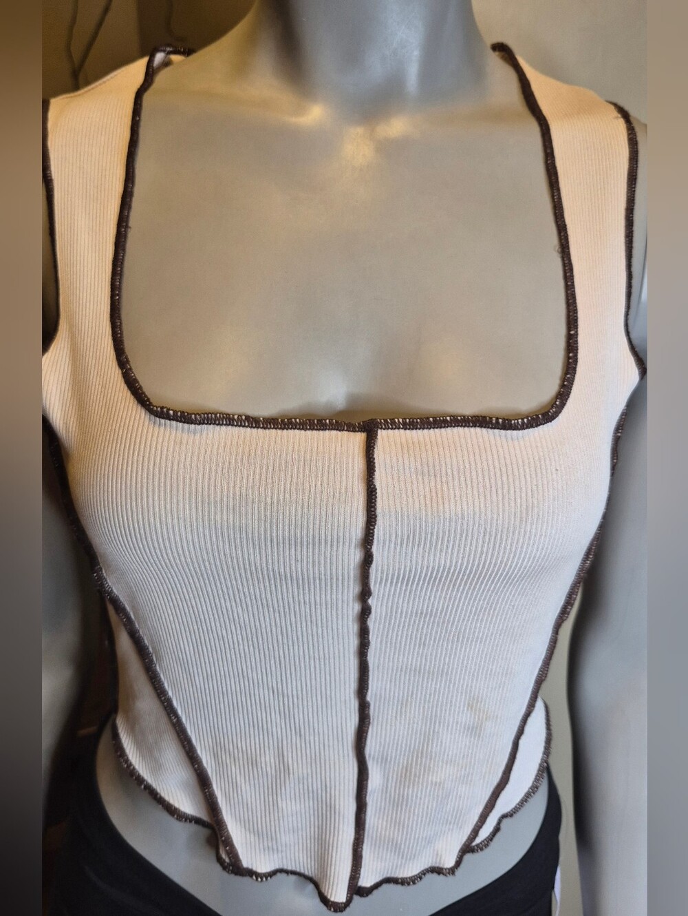 SHEIN Cream Ribbed Tank with Dark Brown Trim